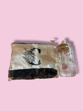 Custom Floral Letter C Glass Can Cup and Zippered Pouch Set